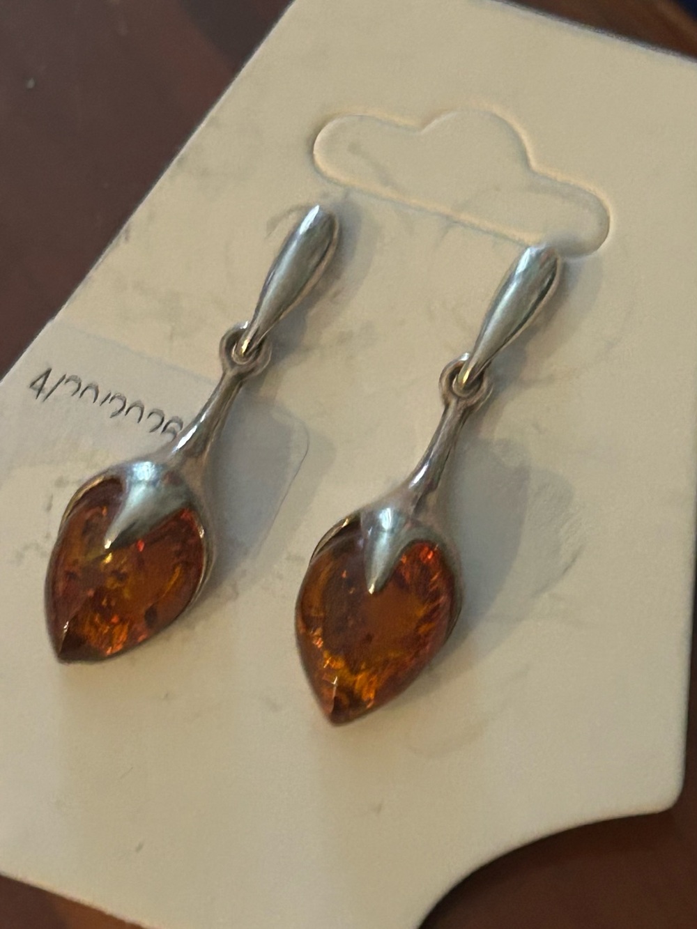 Sterling Silver Amber Teardrop Dangle Earrings - Amber